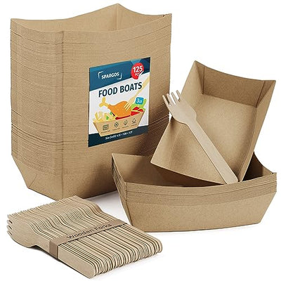 Paper Food Trays 3LB (125 Pack) Leakproof & Freezer Safe Food Boats for Concession Stand Supplies French Fry Holder & Hot Dog Trays Disposable
