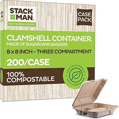 [Case - 200-Pack] 100% Compostable to Go Containers 8x8" 3-Compartment Clamshell Take Out Food Container with Hinged Lid - Disposable Togo Plates - Eco-Friendly Takeout Box Made of Sugar Cane Bagasse