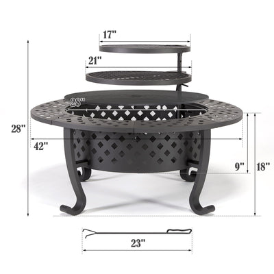 PAPABABE 42 Inch Outdoor Fire Pit with 2 Grill, Wood Burning Firepit for Outside with Lid/Fire Poker, Extra Large Heavy Duty Metal Round Table for Patio Backyard Garden Camping Bonfire