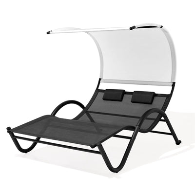 Crestlive Products Patio Double Chaise Lounge, Outdoor Tanning Daybed Lounger, Hammock Bed Loveseat with Sun Shade Canopy, Wheels & Headrest for Backyard, Pool, Lawn(Black)