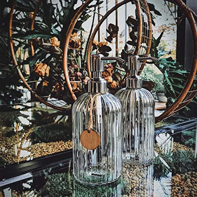 JASAI 2PACK 18 Oz Glass Soap Dispenser with Rust Proof Stainless Steel Pump, Refillable Hand Soap Dispenser with Vertical Stripe, Premium Bathroom Soap Dispenser for Kitchen & Bathroom.