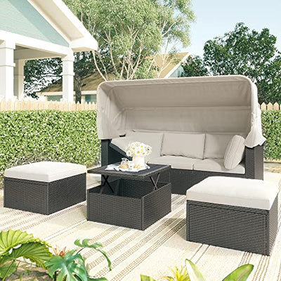 EMKK Patio Furniture Rectangle Daybed, Outdoor Rattan Sofa Sectional Conversation Set Separates Cushioned Seats for Backyard, Beige Retractable Canopy