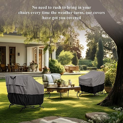 KANGAROO MOMMY Patio Furniture Covers Waterproof For Chairs, Outdoor Chair Covers 2 Pack, Lawn Chair Covers with 2 Drawstrings, Fits Up To 32W x 37D x 36H Inches, Gray & Black