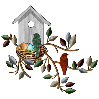 Peryiter Birds Wall Decor Metal Bird Decor for Wall Outdoor Bird Wall Art Hanging Metal Tree with Birdhouse for Living Room Metal Tree Leaf Wall Decor for Indoor Outdoor Garden (White)