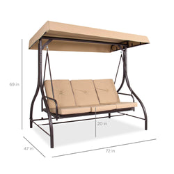 Best Choice Products 3-Seat Outdoor Large Converting Canopy Swing Glider, Patio Hammock Lounge Chair for Porch, Backyard w/Flatbed, Adjustable Shade, Removable Cushions - Tan