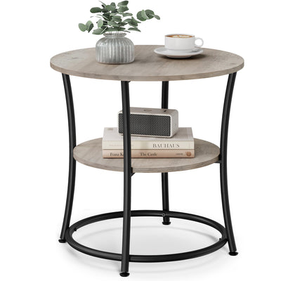 VASAGLE Side Table, Round End Table with 2 Shelves for Living Room, Bedroom, Nightstand with Steel Frame for Small Spaces, Outdoor Accent Coffee Table, Greige and Black