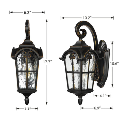 DEWENWILS Outdoor Wall Light Fixtures Wall Mount, Black Roman 17.7" H Exterior Wall Lantern, Anti-Rust & Waterproof, Water Ripple Glass, Outside Wall Sconce Porch Light for House, Garage