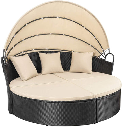 Homall Patio Outdoor Daybed with Retractable Canopy, Rattan Wicker Sectional Seating with Washable Cushions for Patio Backyard Porch Round Daybed Separated Seating (Beige)