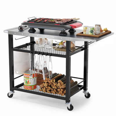 LUE BONA 43.3" W x 19.7" D Outdoor Grill Cart Table with Foldable Side Table, Movable Pizza Oven Stand for Outside Patio, Three-Shelf Stainless Steel Flattop Outdoor Cooking Prep Table with Wheels