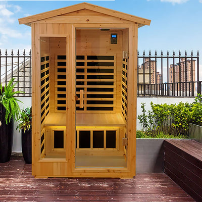 Xmatch Far Infrared Wooden Outdoor Sauna, 2-Person Size 1750W, 9 Low EMF Heaters, 10 Minutes Pre-Warm up, Time and Temp Pre-Set, 2 Bluetooth Speakers, 2 LED Reading Lamp and 2 Chromotherapy Lights
