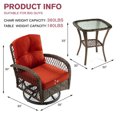 IMUsee Patio Furniture Set, 3 Pieces Swivel Rocking Chairs Outdoor Wicker Patio Bistro Set with Thick 4" Cushions, Brown & Burnt Red