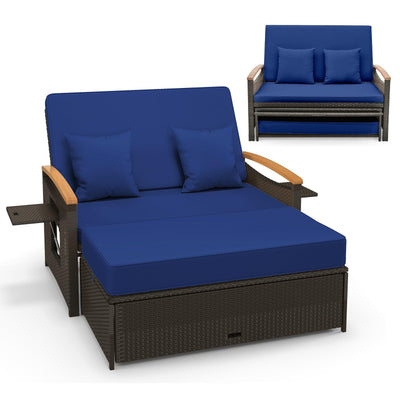 Tangkula Patio Rattan Daybed Set with Cushioned Loveseat and Storage Ottoman, Outdoor Double Chaise Lounger with 4-Level Adjustable Backrest and Retractable Side Trays for Backyard (Navy)