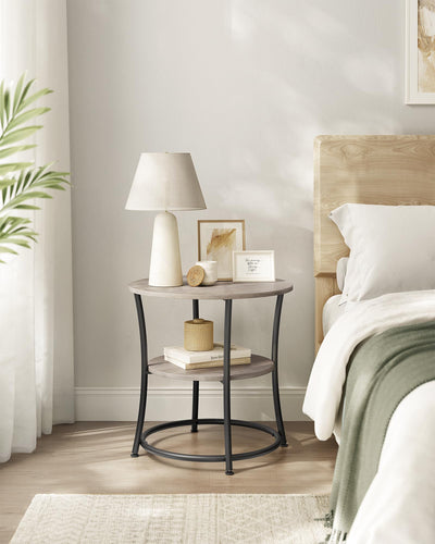 VASAGLE Side Table, Round End Table with 2 Shelves for Living Room, Bedroom, Nightstand with Steel Frame for Small Spaces, Outdoor Accent Coffee Table, Greige and Black