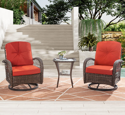 IMUsee Patio Furniture Set, 3 Pieces Swivel Rocking Chairs Outdoor Wicker Patio Bistro Set with Thick 4" Cushions, Brown & Burnt Red