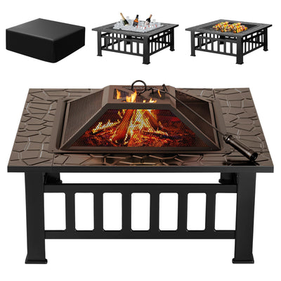 Devoko 32 inch Metal Outdoor Fire Pit Table Multiuse Square Patio BBQ Firepit with Spark Screen Lid and Waterproof Cover for Camping, Outside Wood Burning and Picnic Black