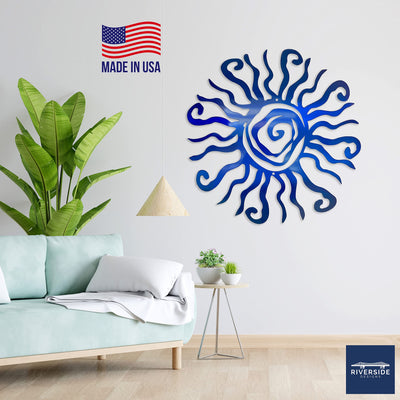 Riverside Designs Wacky Sun Metal Wall Art Indoor/Outdoor Decor - 18" Blue Rust Proof Wall Sculpture - Made in USA - Ideal for Bedroom, Garden, Home, Patio and Farmhouse