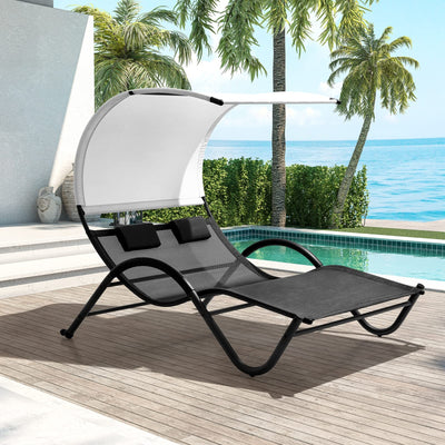 Crestlive Products Patio Double Chaise Lounge, Outdoor Tanning Daybed Lounger, Hammock Bed Loveseat with Sun Shade Canopy, Wheels & Headrest for Backyard, Pool, Lawn(Black)