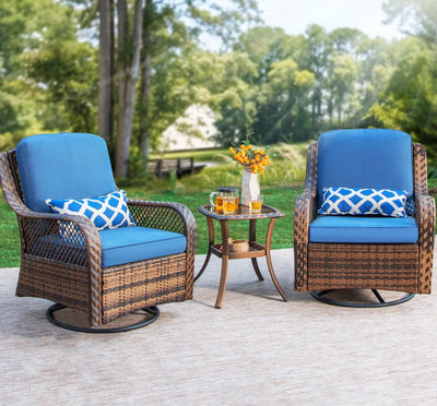 PHI VILLA Oversized Outdoor Swivel Rocker Chairs Set 3 Piece with 1 Table and 2 Rocking & Swivel Chairs Support 350lbs Navy Blue Wicker Outdoor Furniture Patio Conversation Set