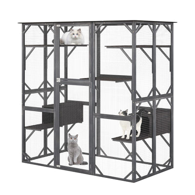 PETSJOY 72 Inches Tall Outdoor Cat House, Large Wooden Catio Kitten Enclosure with Weatherproof Asphalt Roof, 4 Platforms and 2 Resting Boxes, Catio Outdoor Cat Enclosure on Wheels (Without Wheels)