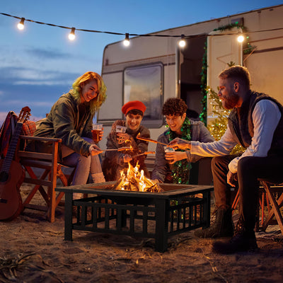 Devoko 32 inch Metal Outdoor Fire Pit Table Multiuse Square Patio BBQ Firepit with Spark Screen Lid and Waterproof Cover for Camping, Outside Wood Burning and Picnic Black