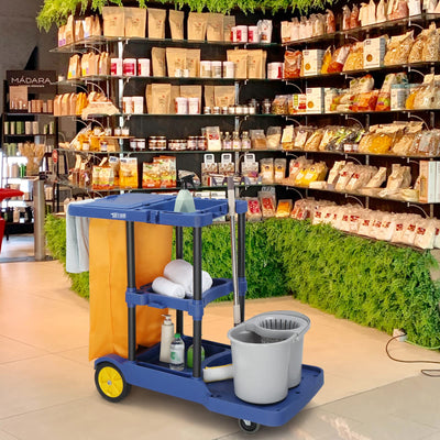 TUFFIOM Commercial Traditional Cleaning Janitorial 3-Shelf Cart, 500 Lbs Capacity Housekeeping Cart, 42.5"L x 18.7"W x 37.6"H , Wheeled with 22 Gallon Zippered Yellow Vinyl Bag and Cover w lid , Blue