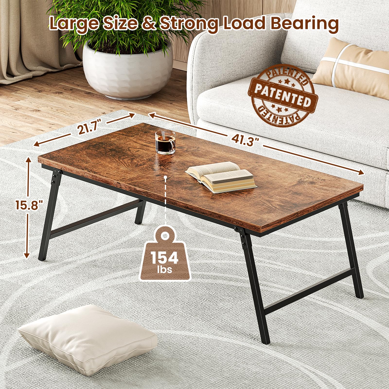 ALLSTAND Folding Coffee Table, Leg Latches Portable Sturdy Floor Table ...